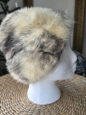 Vintage Ladies Real Fur Hat in Cream and Gray-Toned Fur. Russian Style Hat